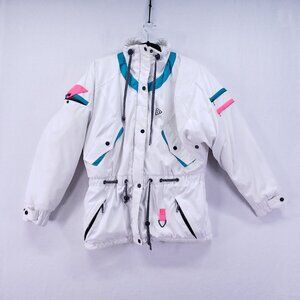 Vintage Black Bear Ski Puffer Jacket 90s White Winter Coat Size Small